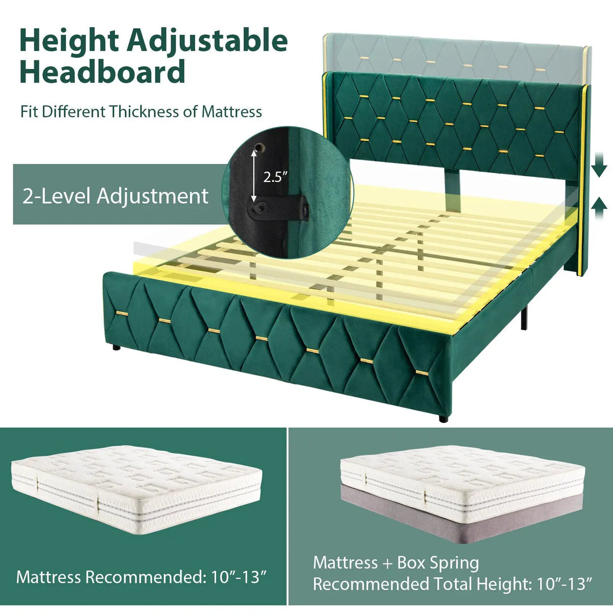 Queen/Full Size Upholstered Platform Bed Frame with Adjustable Headboard, photo 6 of 9