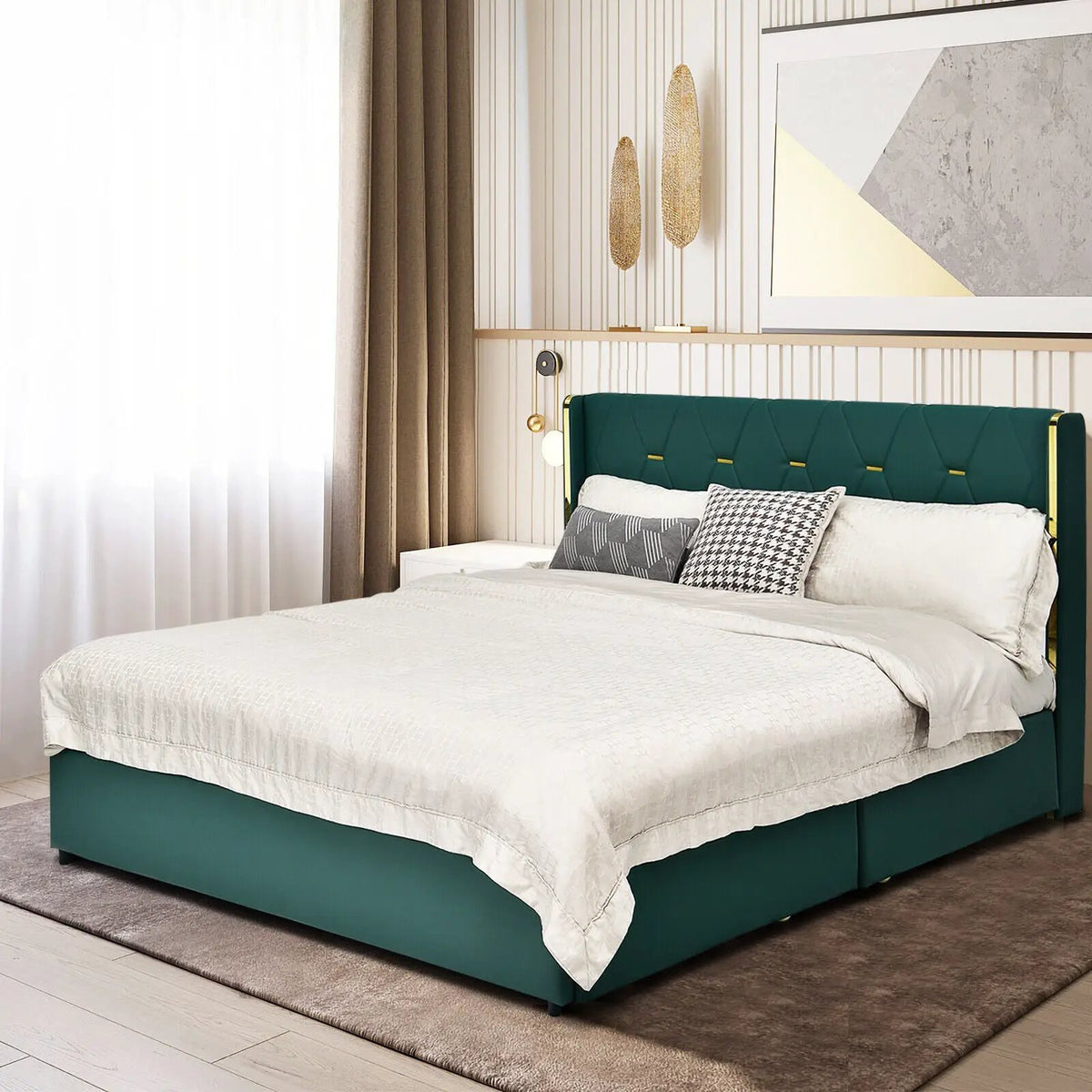 Full/Queen Size Upholstered Bed Frame with 4 Drawers-Green, photo 7 of 9