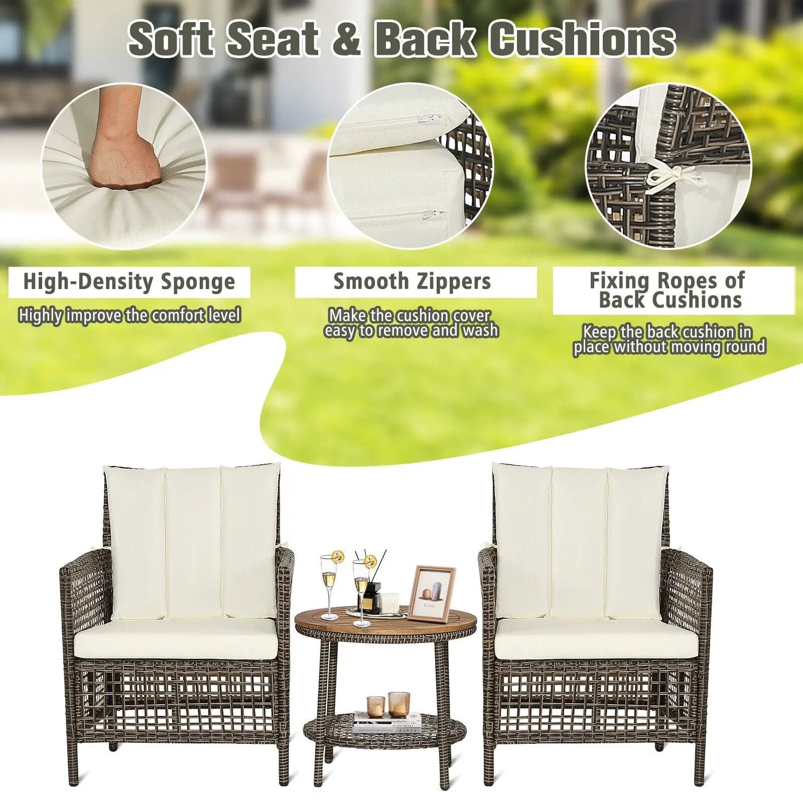 3 Pieces Patio Rattan Furniture Set with Cushioned Sofas and Wood Table Top-White by DirectDeals
