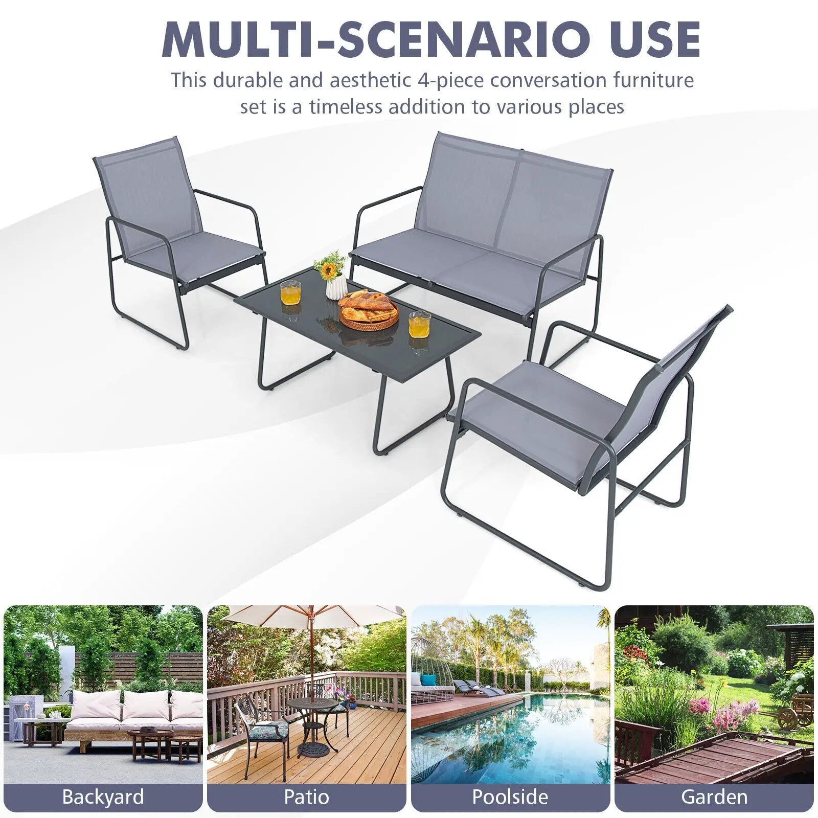 4 Pieces of Metal Patio Furniture Chat Set with Tempered Glass Coffee Table by DirectDeals