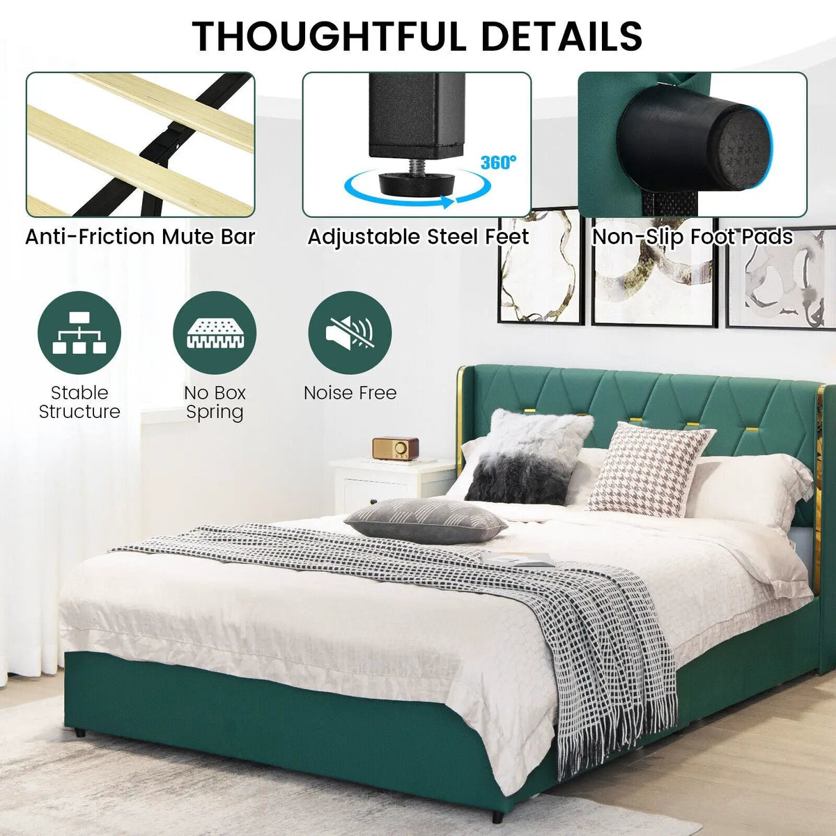 Full/Queen Size Upholstered Bed Frame with 4 Drawers-Green, photo 5 of 9