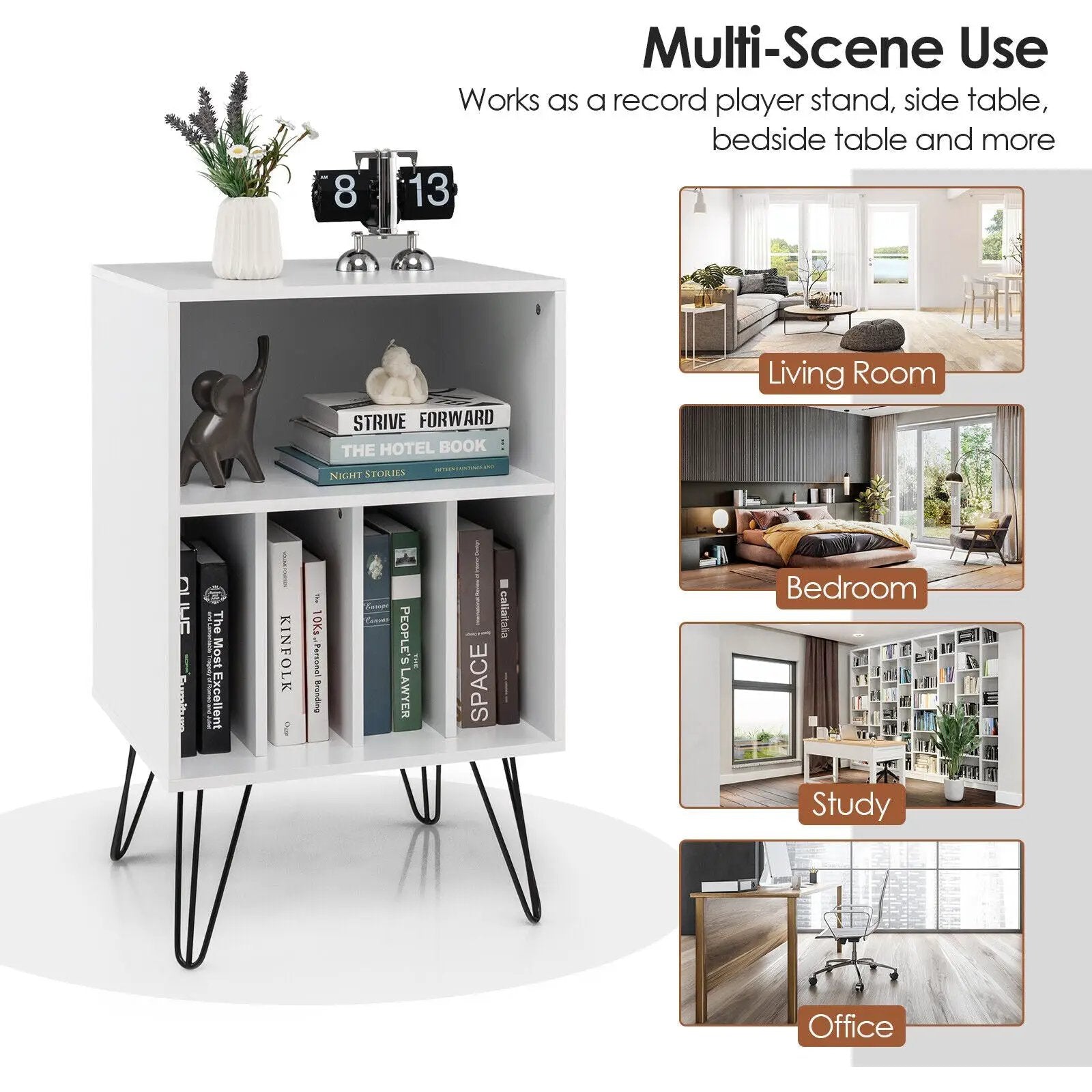 Freestanding Record Player Stand Record Storage Cabinet with Metal Legs-White by DirectDeals