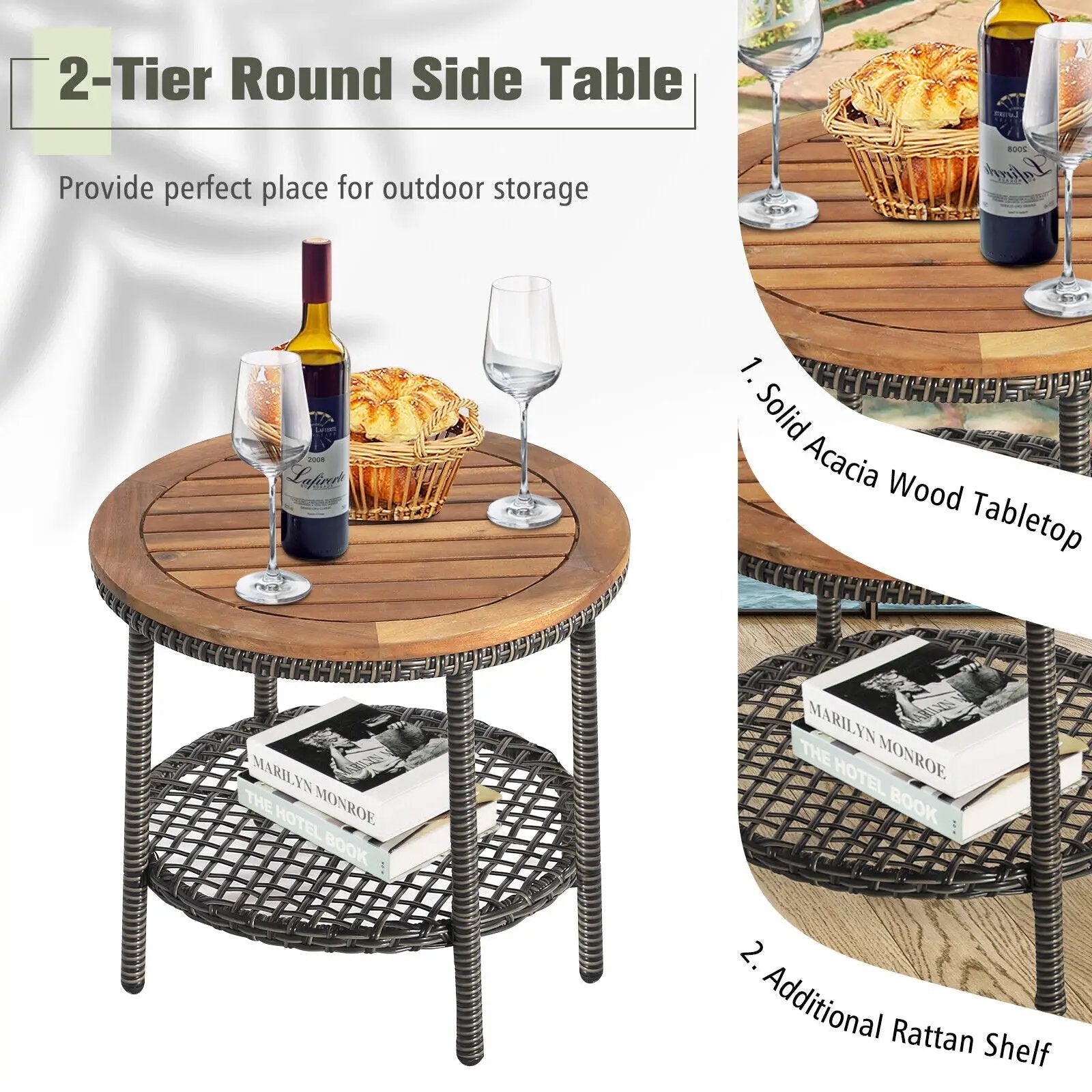 3 Pieces Patio Rattan Furniture Set with Cushioned Sofas and Wood Table Top-White by DirectDeals