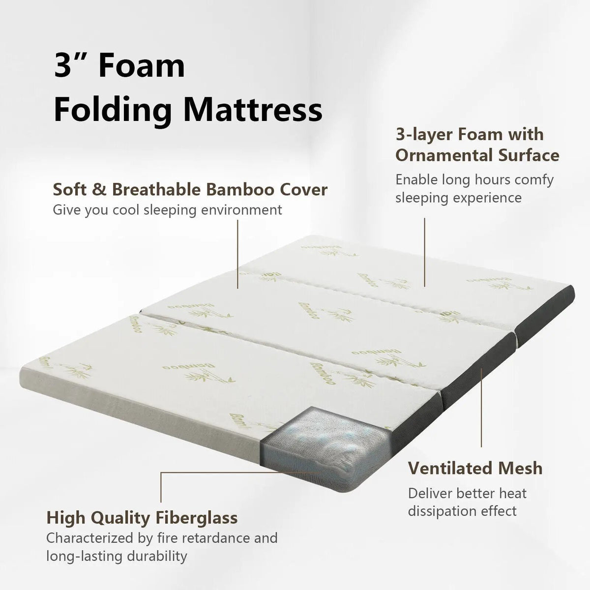 Portable Tri-fold Memory Foam Floor Mattress Topper Portable with Carrying Bag, photo 7 of 10
