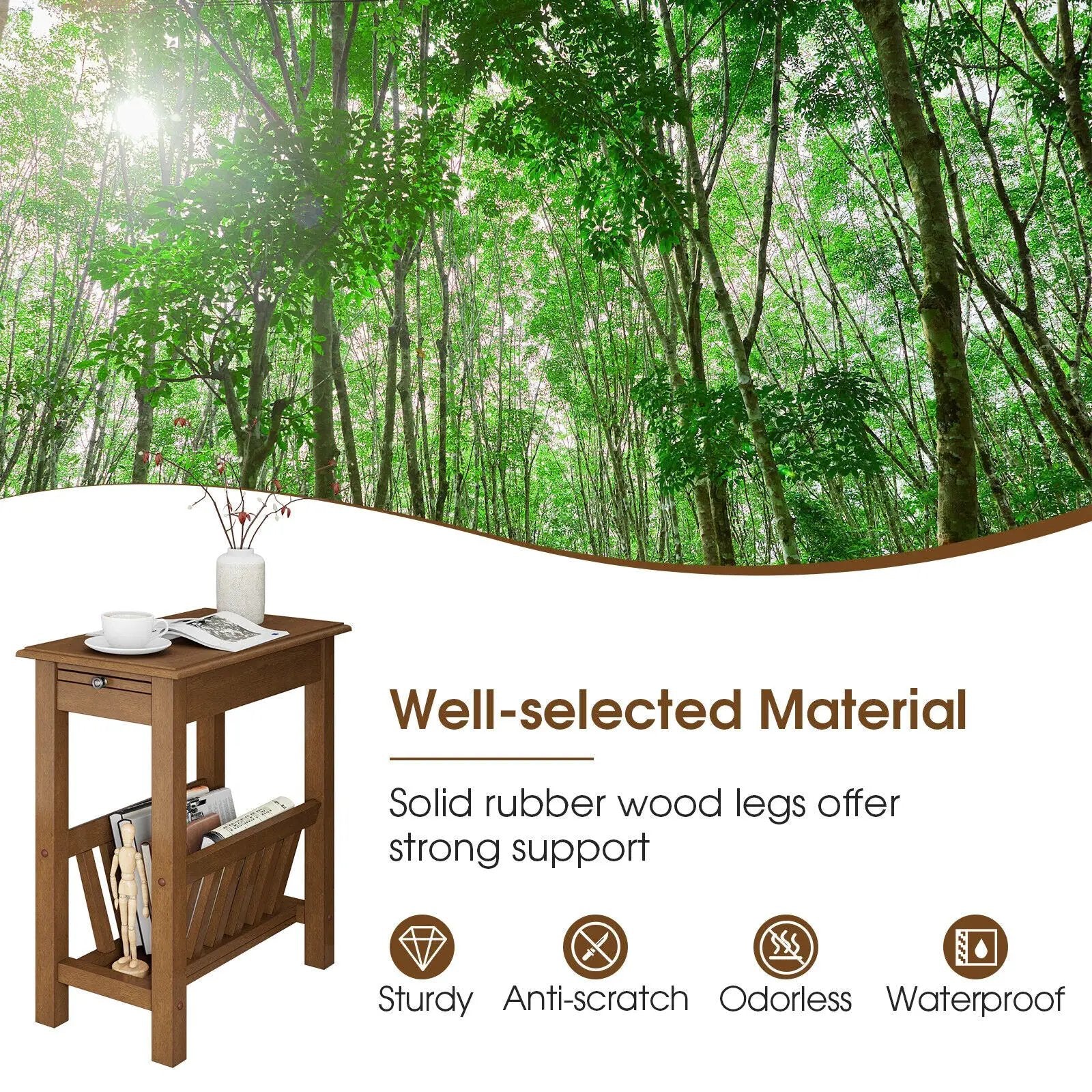 2-Tier End Table with Pull-out Tray and Solid Rubber Wood Legs by DirectDeals