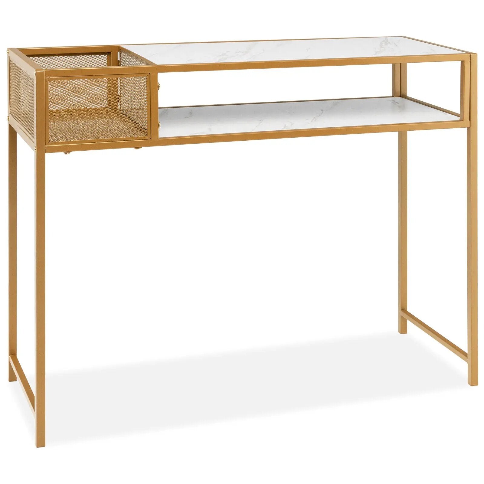 Faux Marble Console Table with Wire Baske for Hallway and Living Room-White by DirectDeals