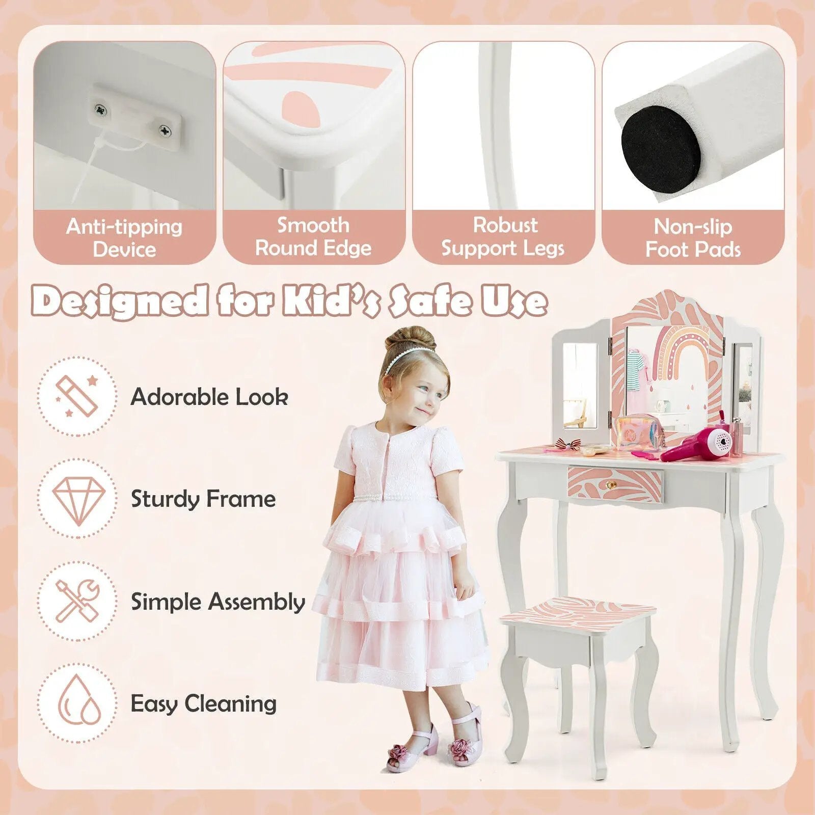2-in-1 Kids Vanity Table Set with Tri-folding Mirror-Pink by DirectDeals