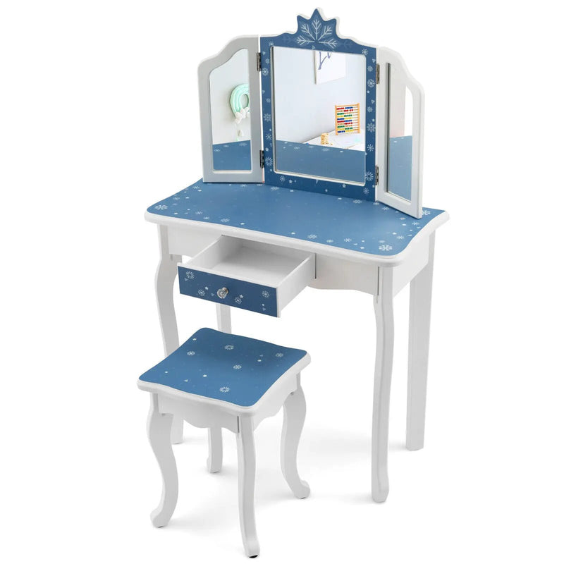 Princess Vanity Table and Chair Set with Tri-Folding Mirror and Snowflake Print-Blue by DirectDeals