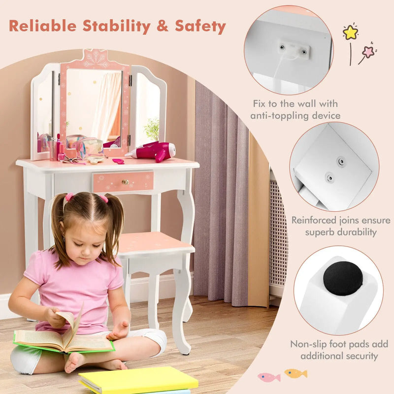 Princess Vanity Table and Chair Set with Tri-Folding Mirror and Snowflake Print-Pink by DirectDeals