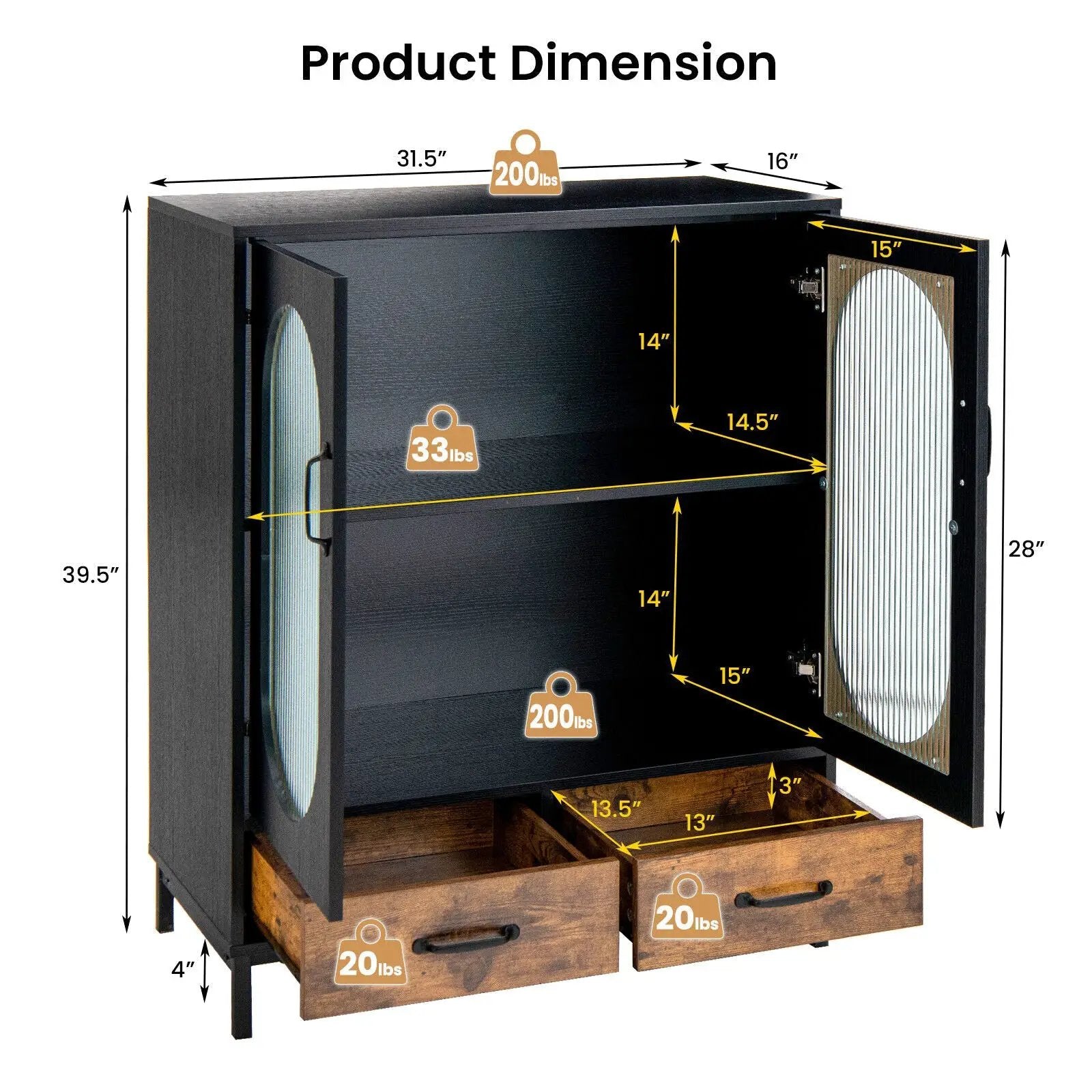 Kitchen Industrial Buffet Sideboard with Tempered Glass Doors-Black by DirectDeals