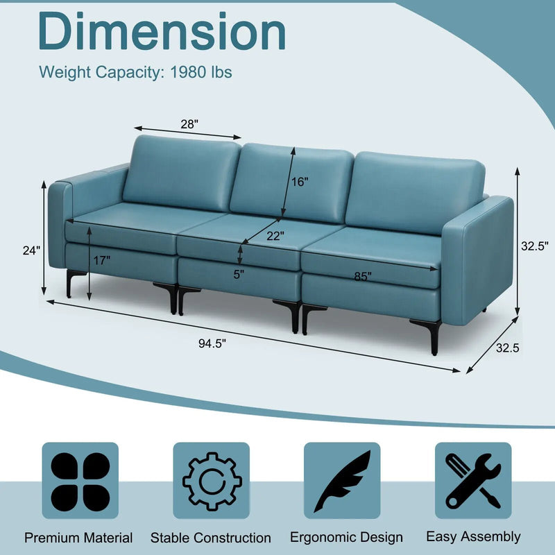 3-Seat Sectional Sofa Couch with Armrest Magazine Pocket and Metal Leg by DirectDeals