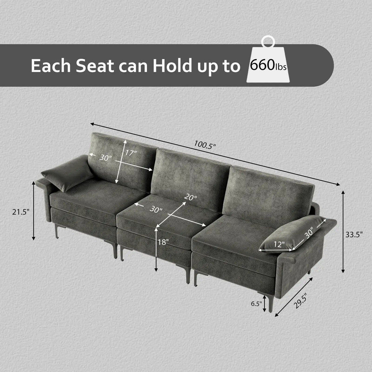 Large 3-Seat Sofa Sectional with Metal Legs for 3-4 people, photo 13 of 32