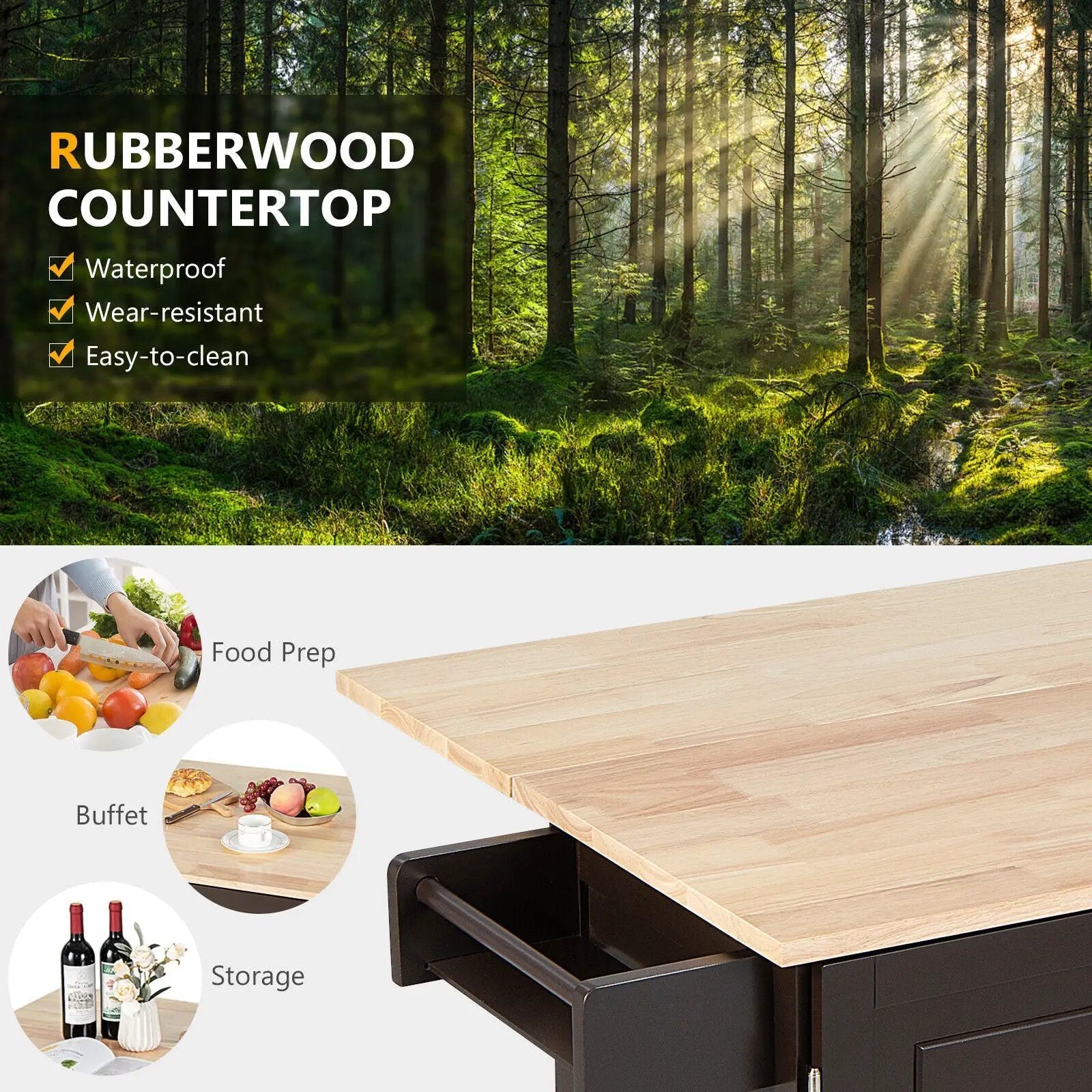 Kitchen Island Trolley Cart Wood with Drop-Leaf Tabletop and Storage Cabinet by DirectDeals