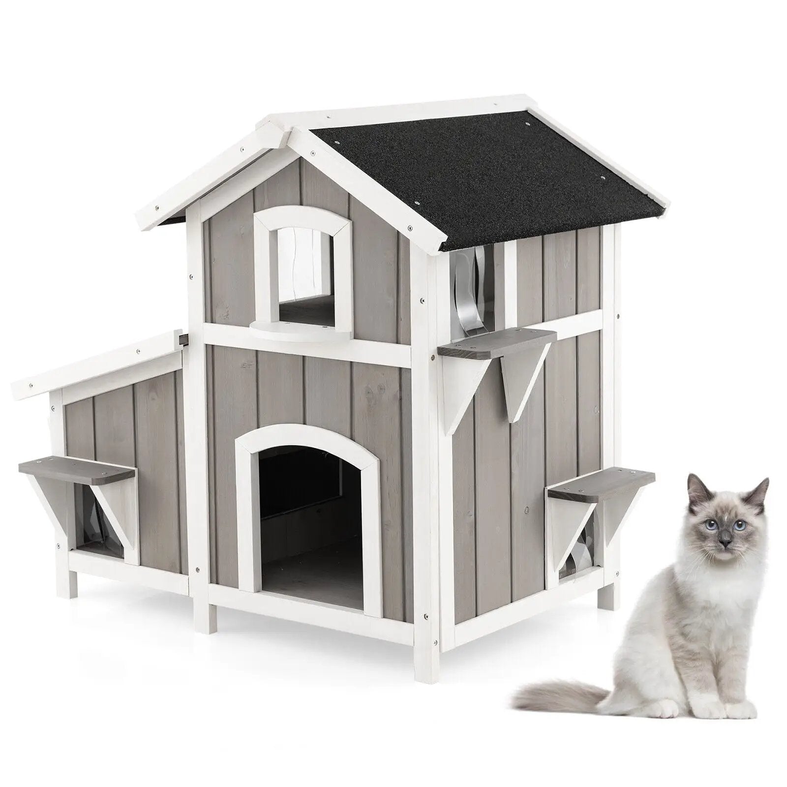 2-Story Outdoor Wooden Feral Cat House with Escape Door-Grey by DirectDeals