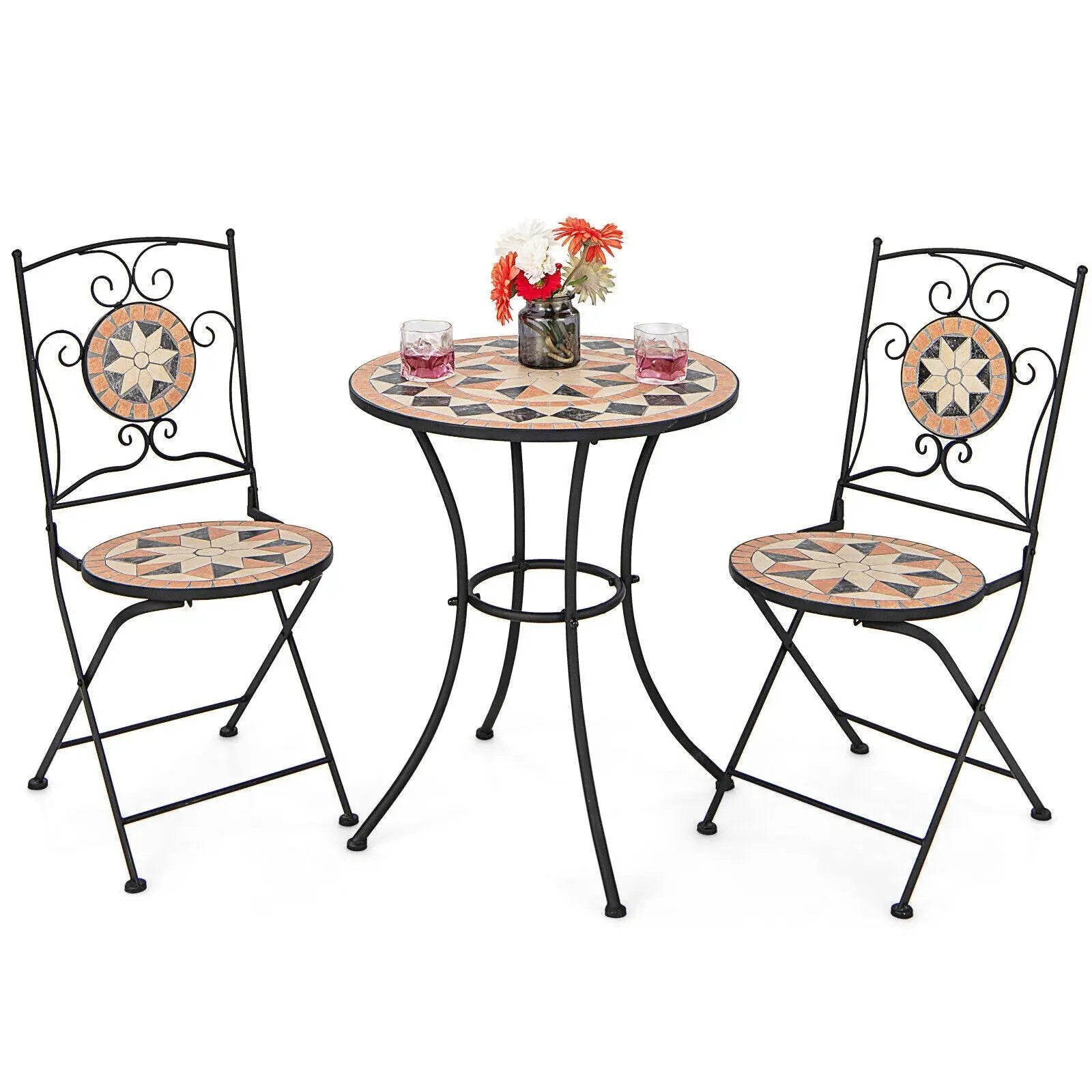 3 Pieces Patio Bistro Set with 1 Round Mosaic Table and 2 Folding Chairs by DirectDeals