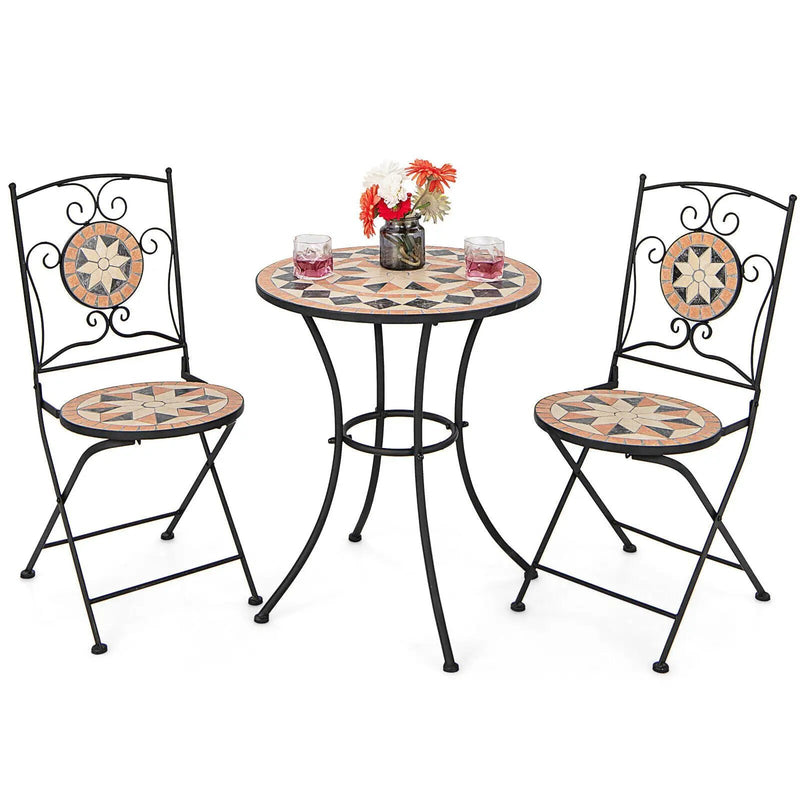 3 Pieces Patio Bistro Set with 1 Round Mosaic Table and 2 Folding Chairs by DirectDeals