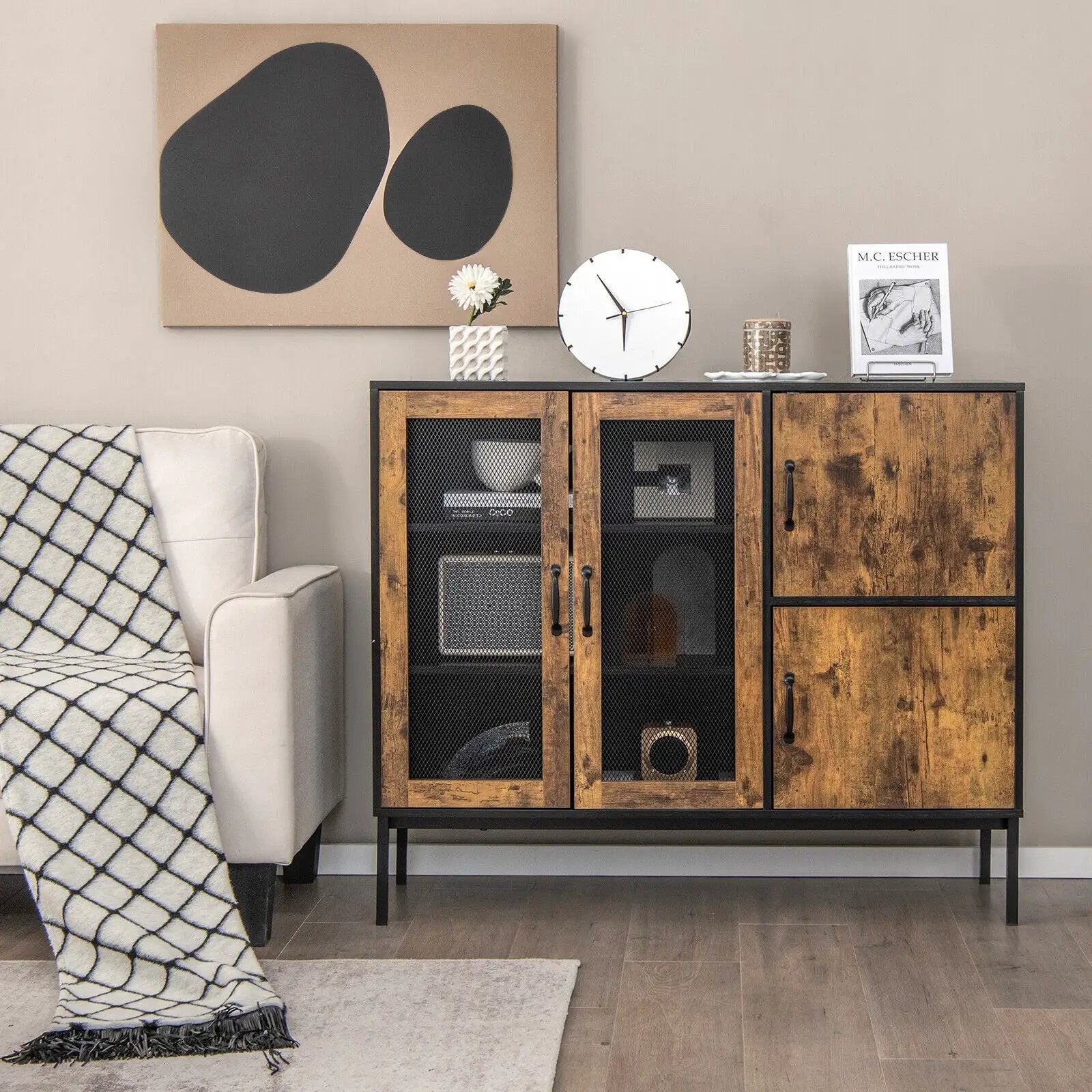 48 Inch Industrial Kitchen Buffet Sideboard with Metal Mesh Doors and Anti-toppling Device-Brown by DirectDeals