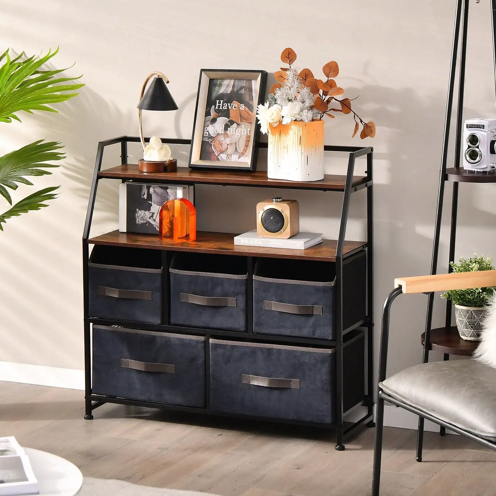 5 Drawers Storage Dresser with Fabric Bin for Living Room Bedroom-Black by DirectDeals