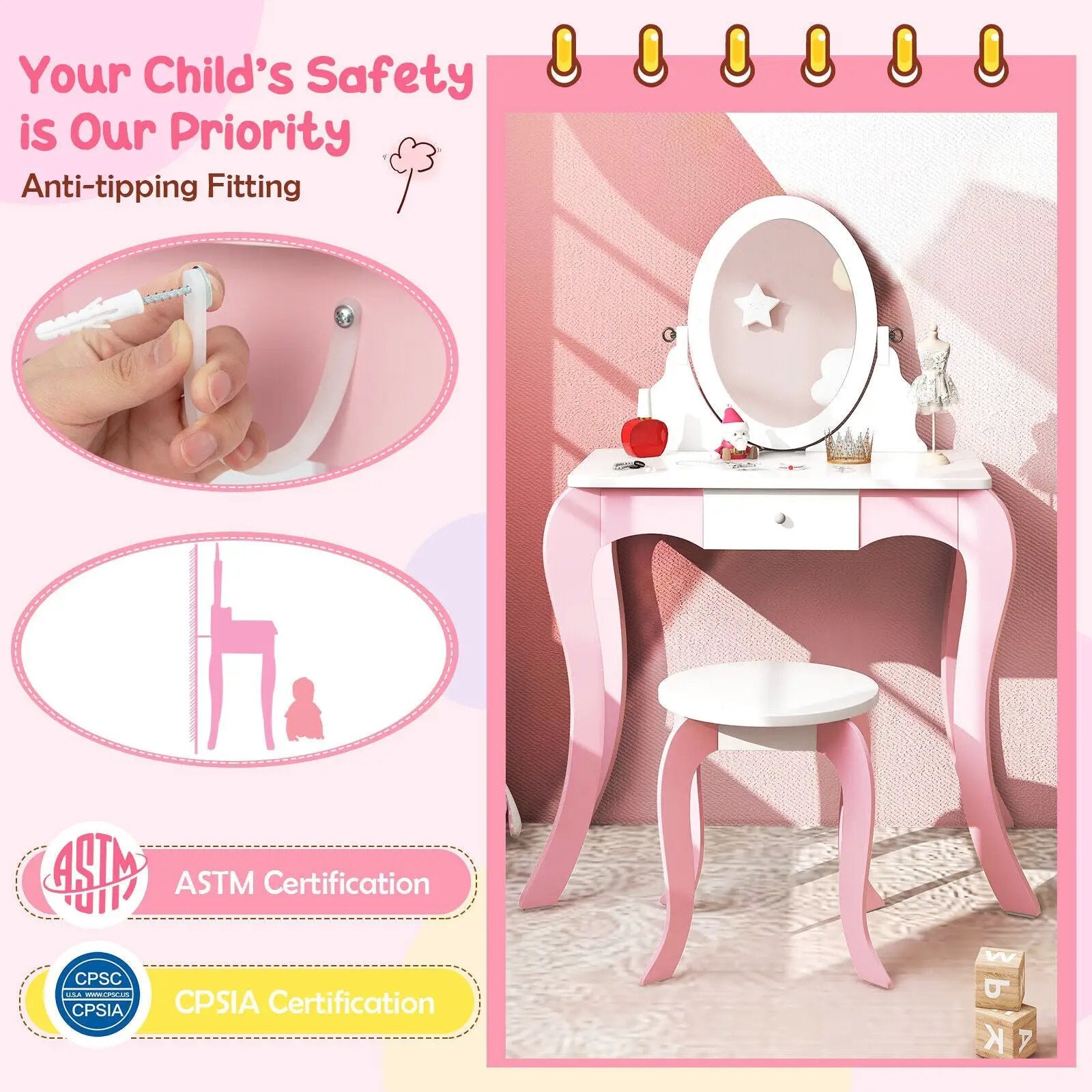 Pretend Kids Vanity Set with 360° Rotatable Mirror and Play Accessories by DirectDeals