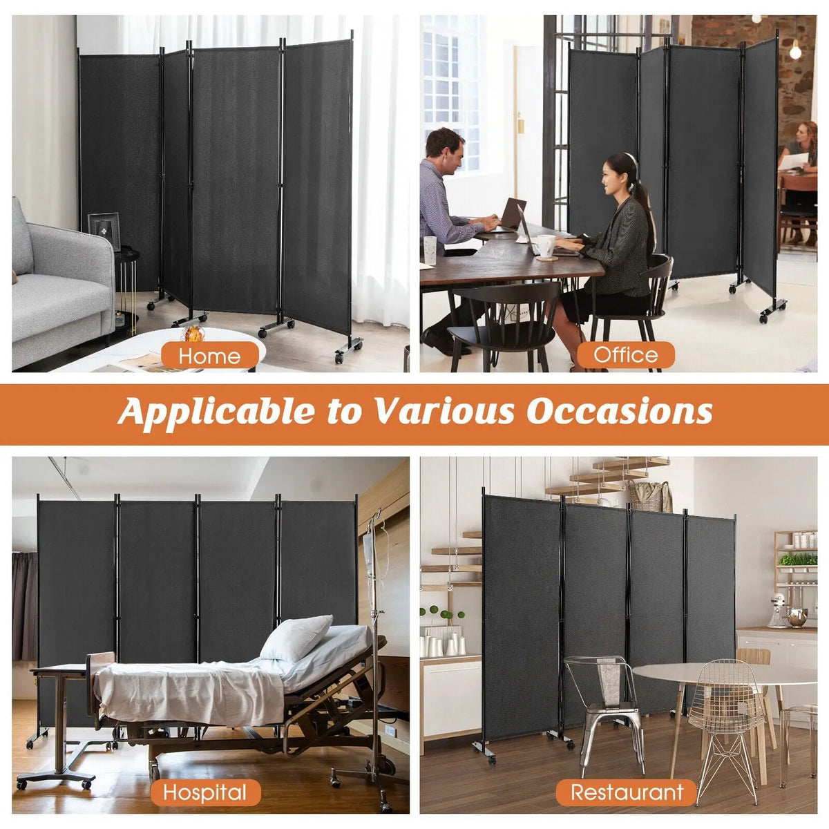 4-Panel Folding Room Divider 6 Feet Rolling Privacy Screen with Lockable Wheels, photo 6 of 11