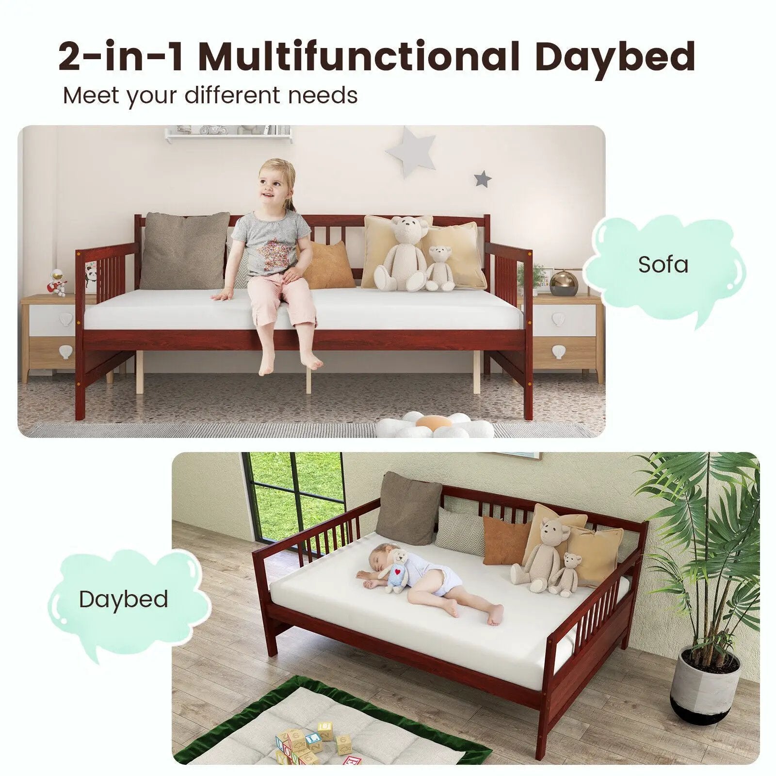 Classic Wooden Full Size Daybed Frame with Guardrails by DirectDeals
