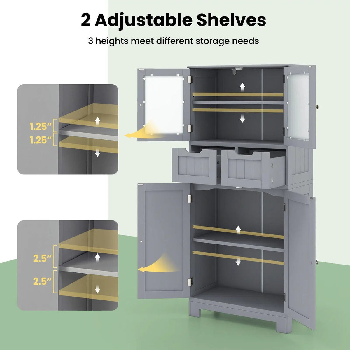 3 Tier Freee-Standing Bathroom Cabinet with 2 Drawers and Glass Doors, photo 8 of 10