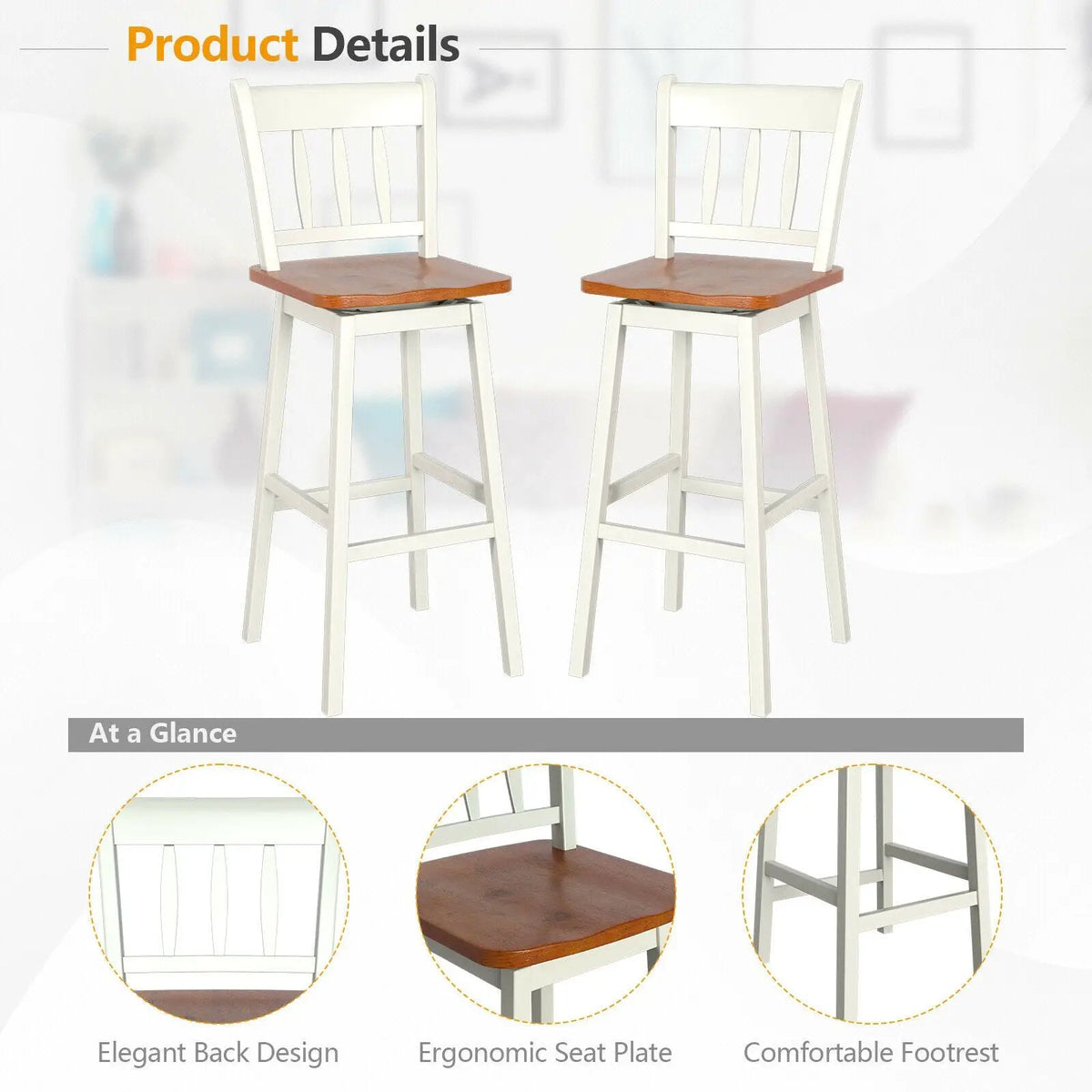 30.5 Inches Set of 2 Swivel Bar Stools with 360¬∞ Swiveling, photo 12 of 16