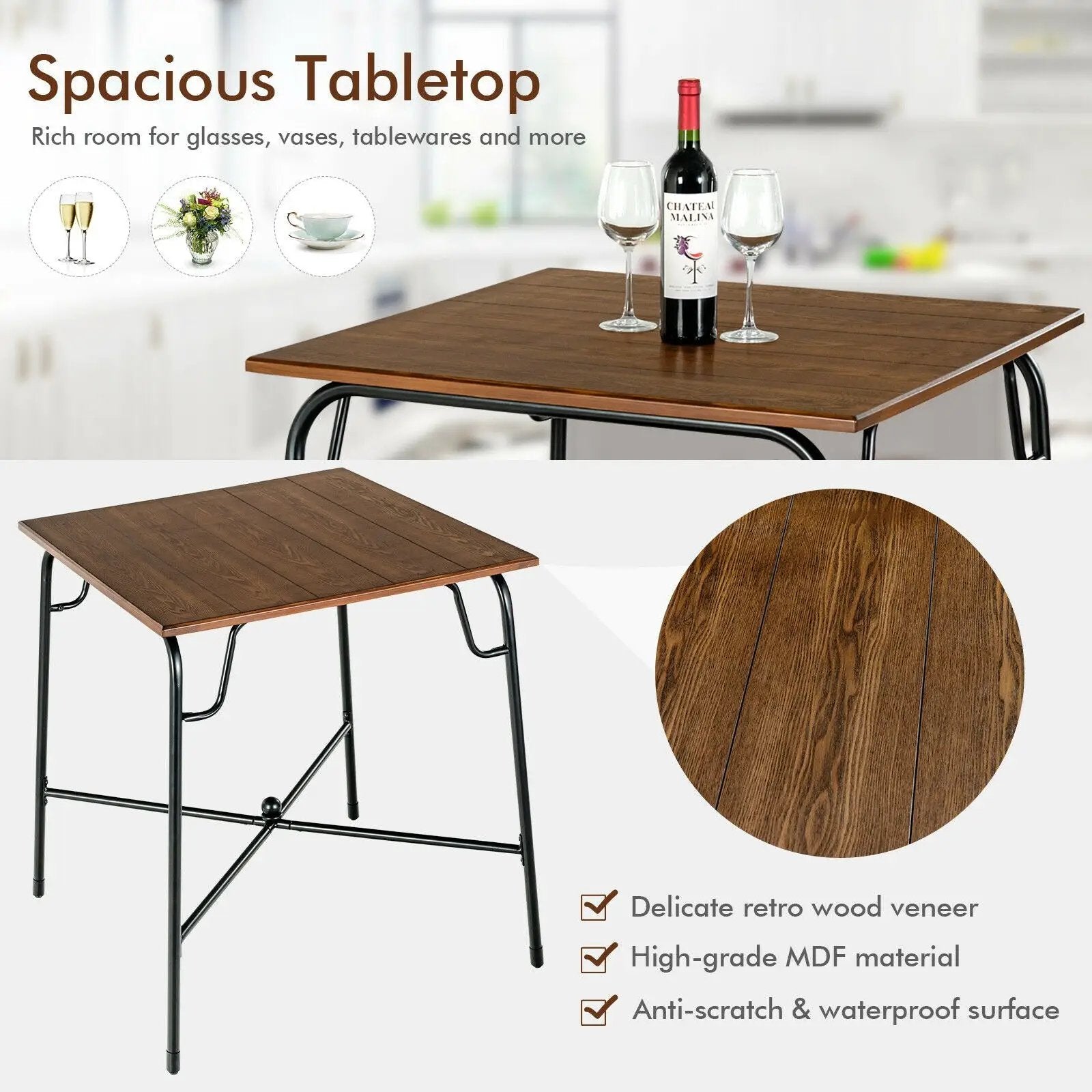 5 Pieces Bar Table Set with 4 Counter Height Backless Stools-Rustic Brown by DirectDeals
