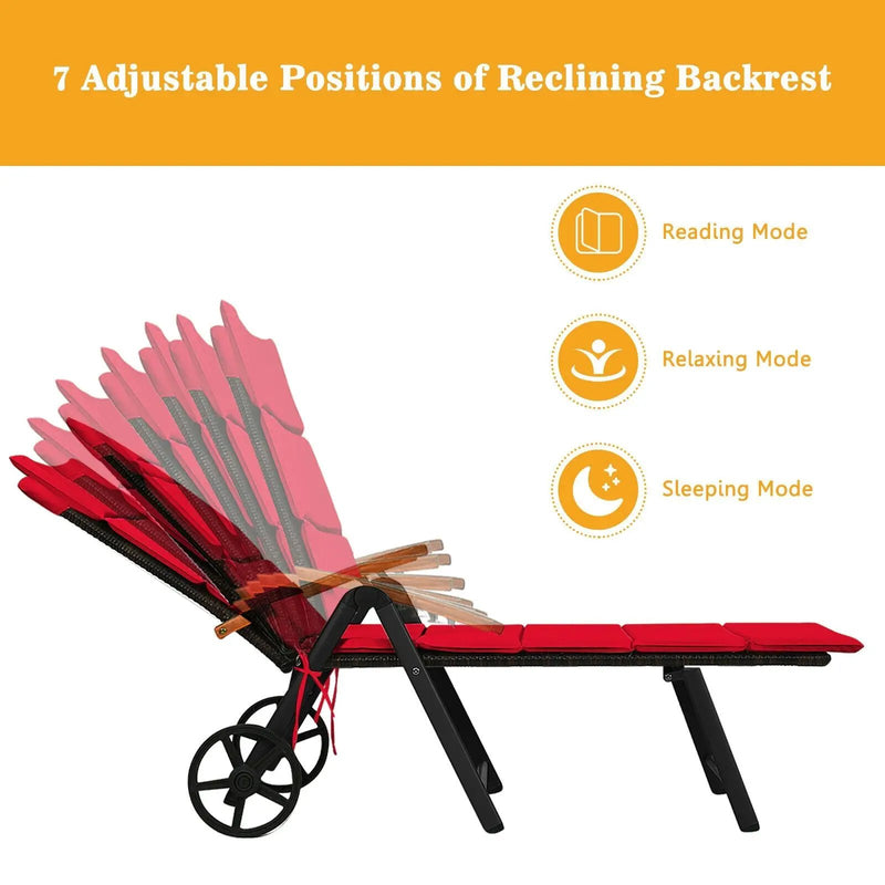 Folding Patio Rattan Lounge Chair with Wheels-Red by DirectDeals