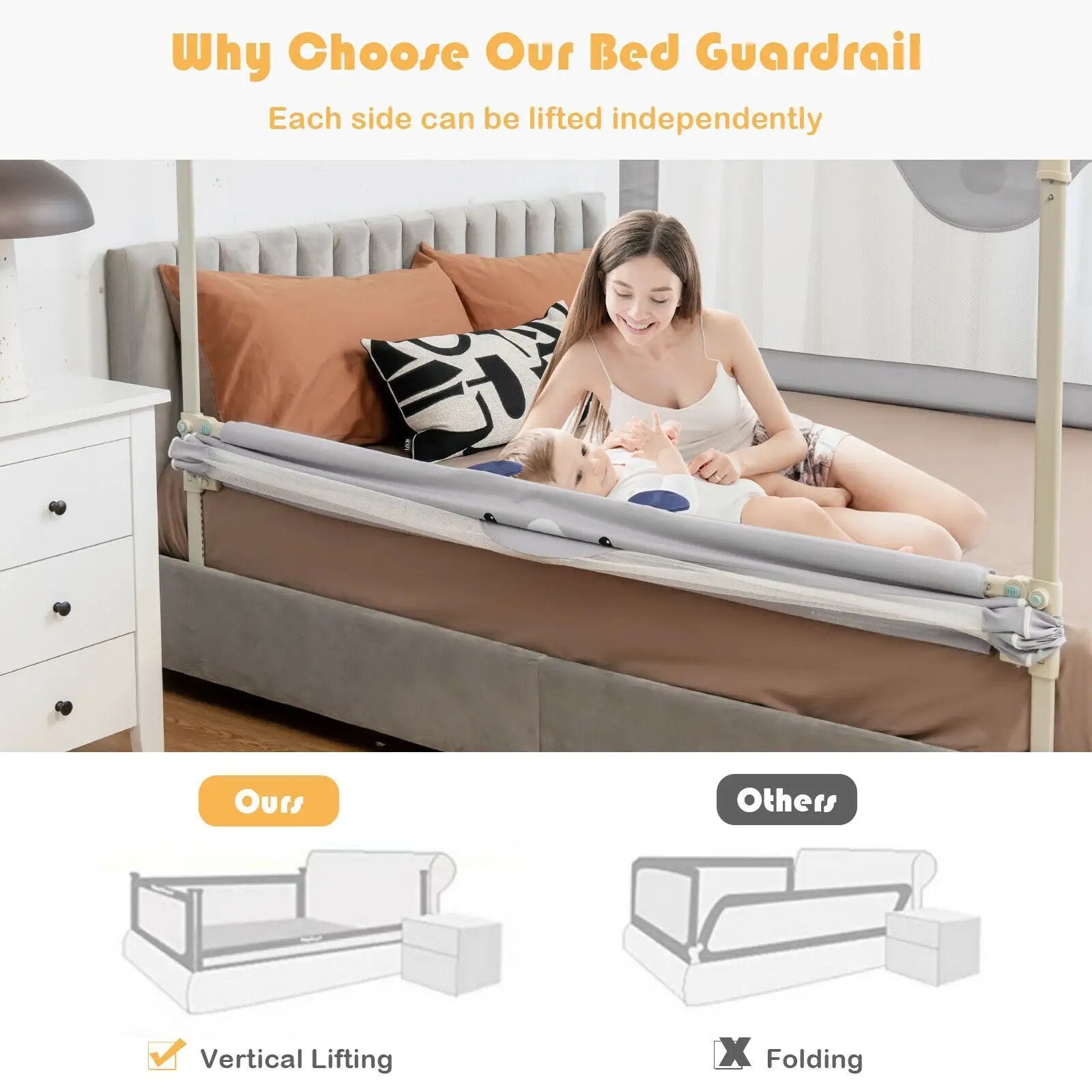 57 Inches Bed Rail for Toddlers with Double Lock-Gray by DirectDeals