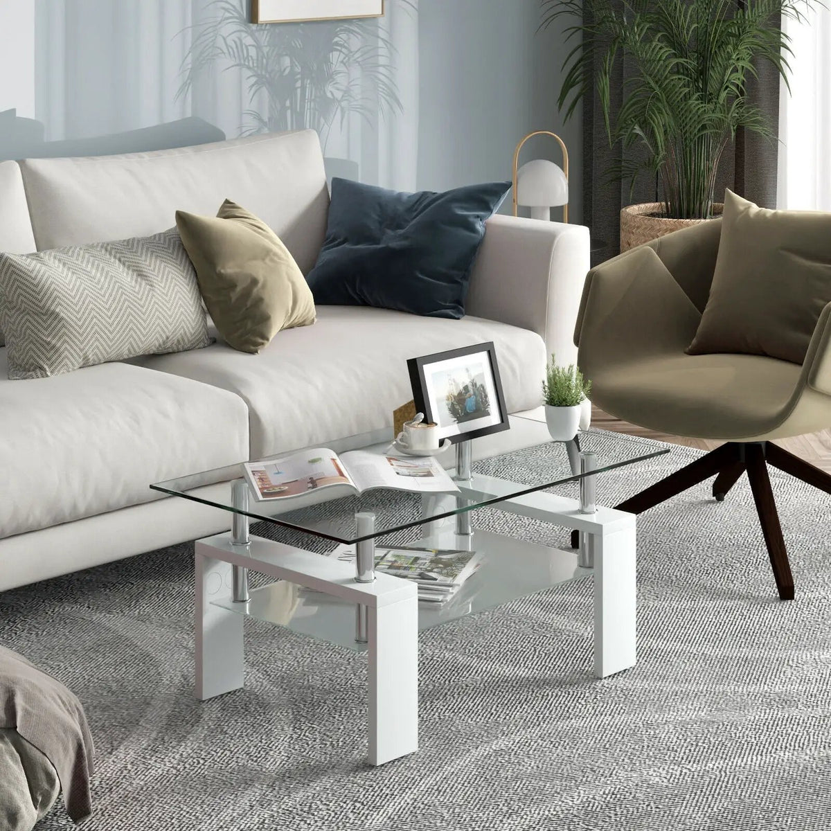 Rectangular Tempered Glass Coffee Table with Shelf