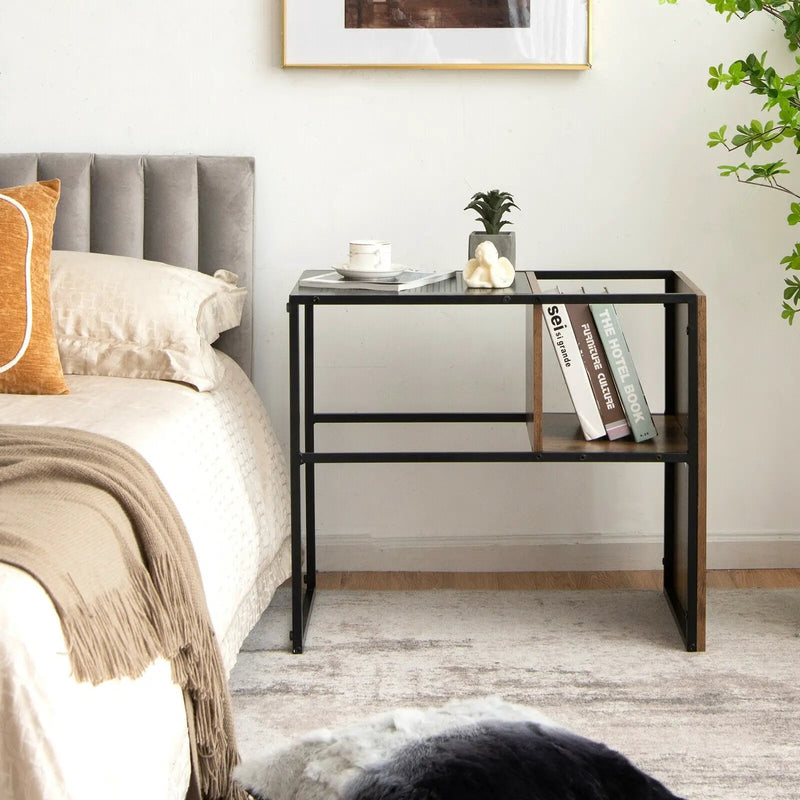 2-Tier C-Shaped Reversible End Table with Wooden Shelf for Living Room-Brown by DirectDeals