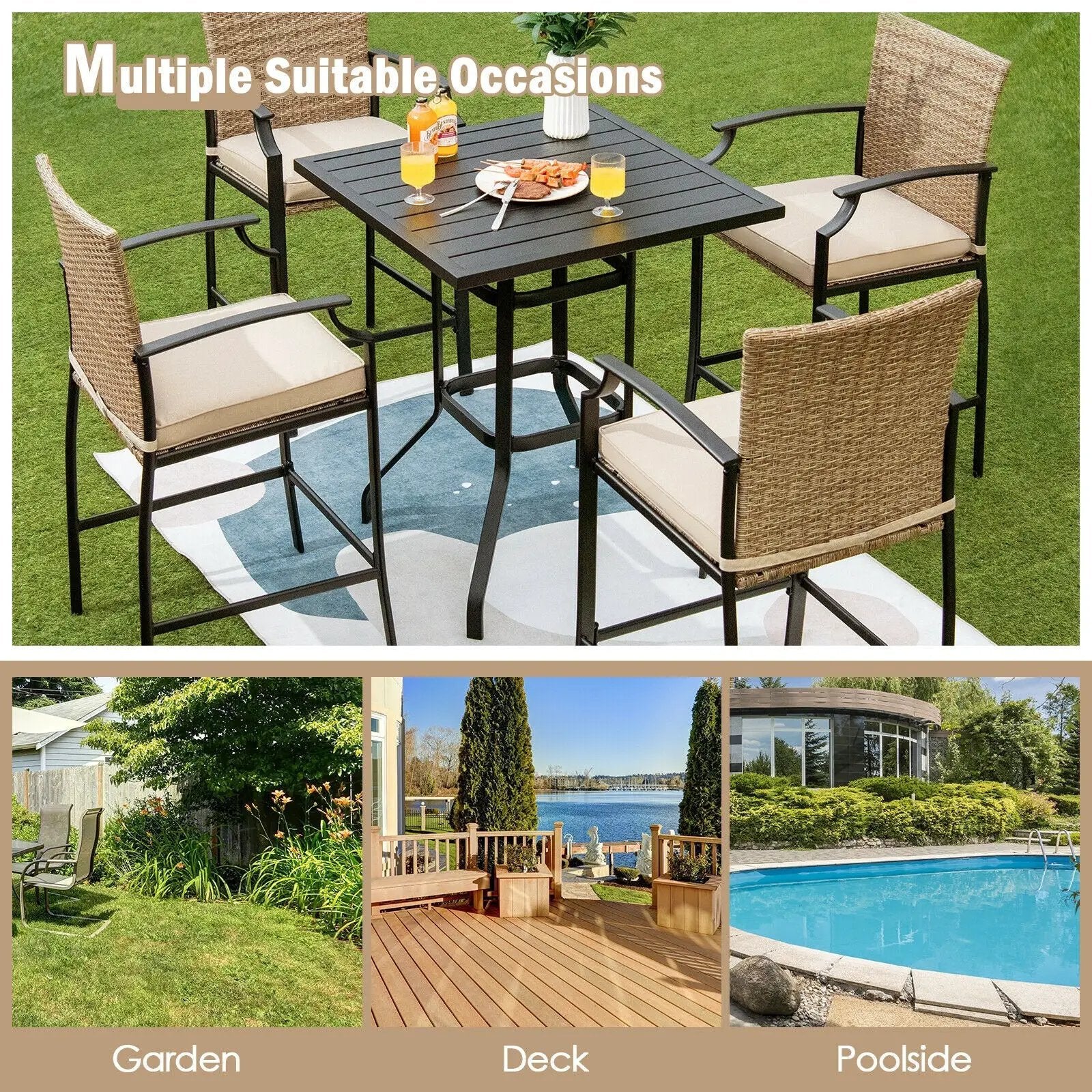 Patio Rattan Bar Stools Set of 4 with Soft Cushions by DirectDeals