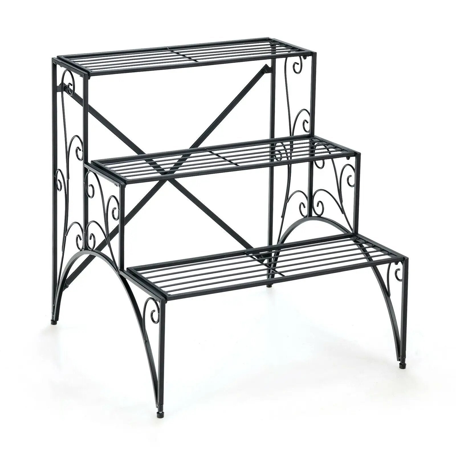 3-Tier Metal Plant Stand with Widened Grid Shelf for Porch Garden-Black by DirectDeals