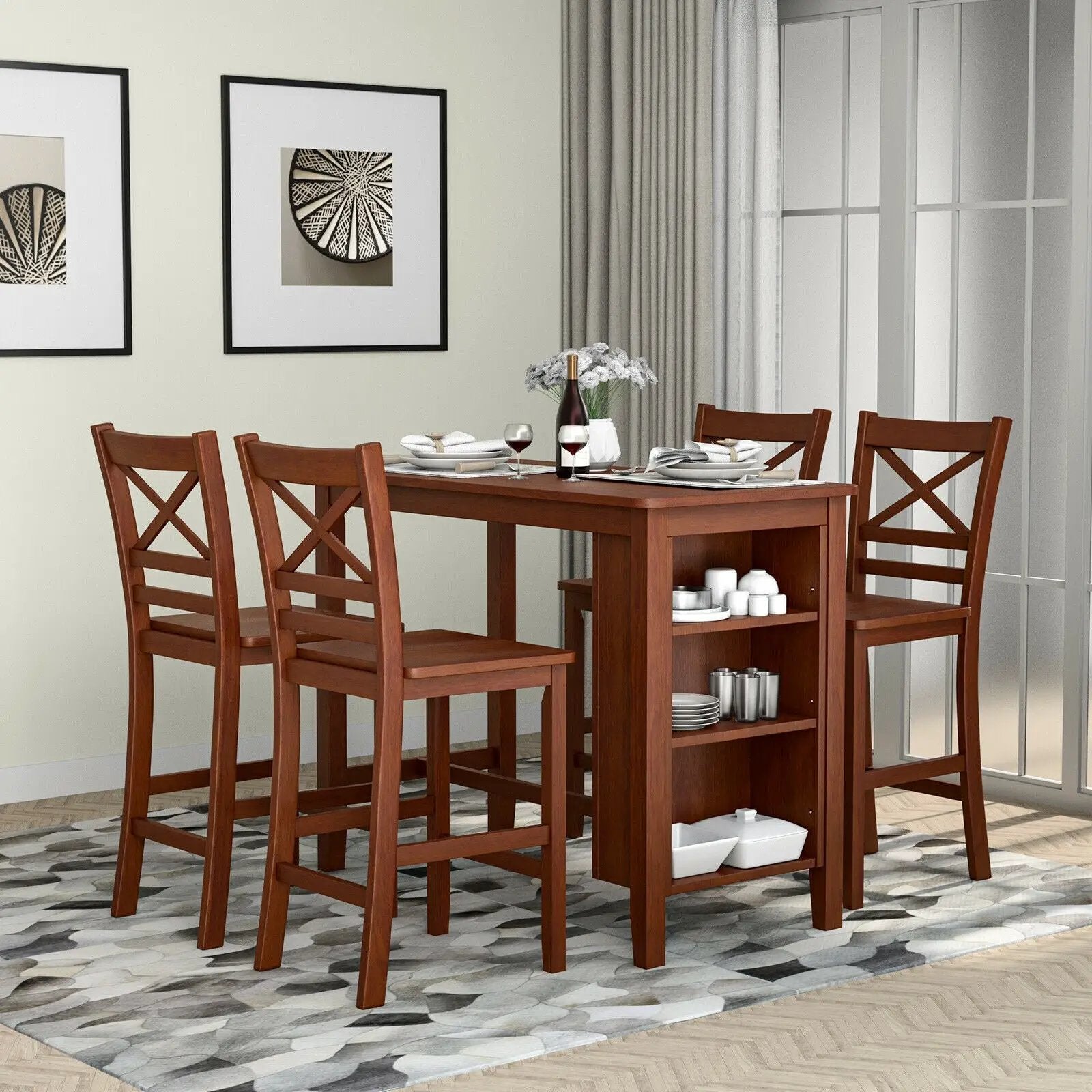 Counter Height Bar Table with 3-Tier Storage Shelves for Home Restaurant by DirectDeals