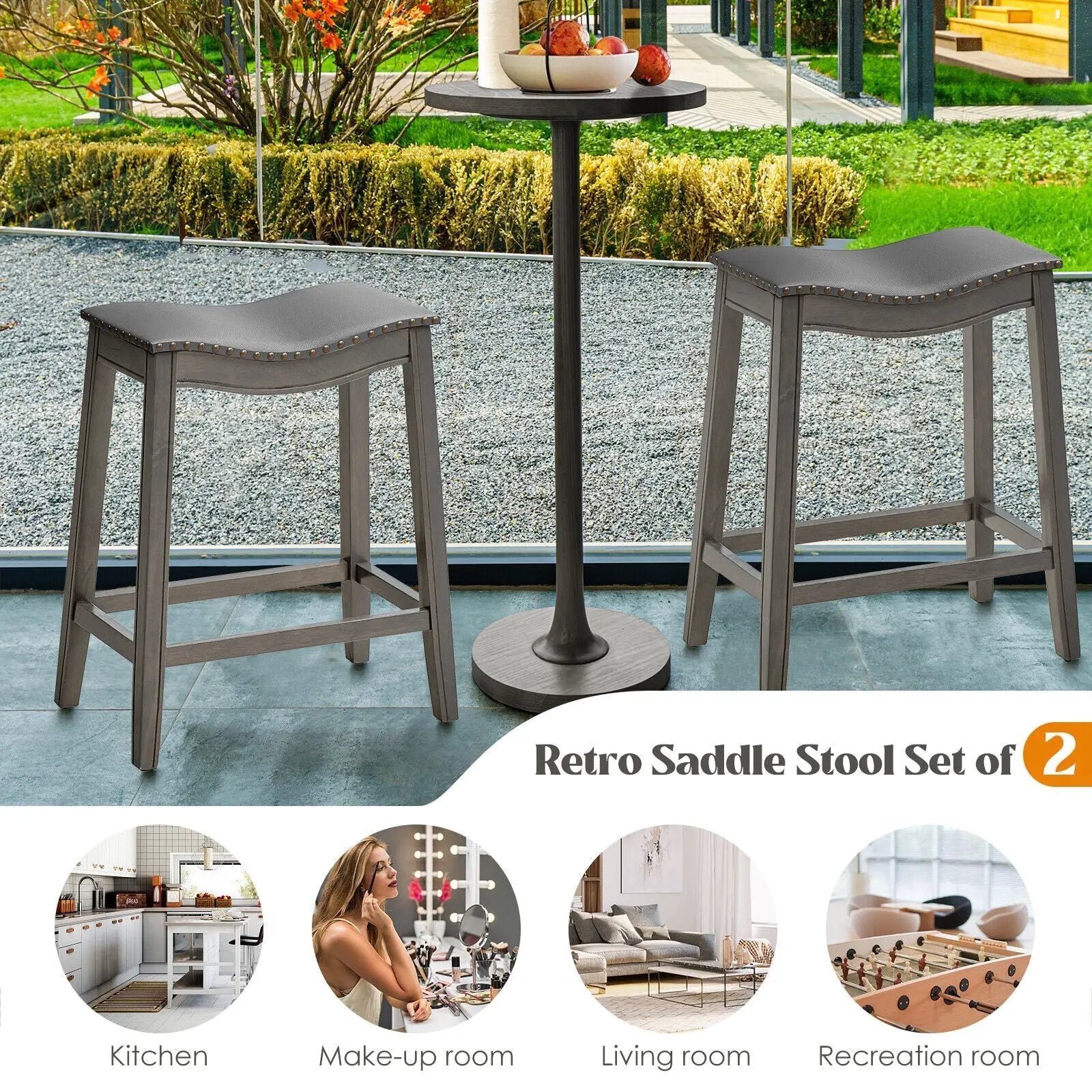 Set of 2 PU Leather Saddle Bar Stools with Rubber Wood Legs by DirectDeals