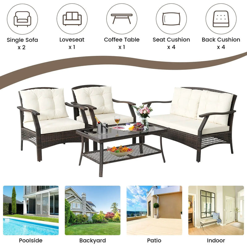 4 Pieces Outdoor Rattan Conversation Set with Protective Cover by DirectDeals
