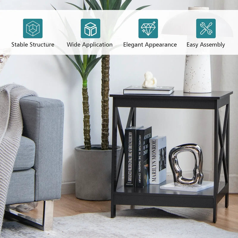 2-Tier Side Table with X-shape Design and 4 Solid Legs by DirectDeals