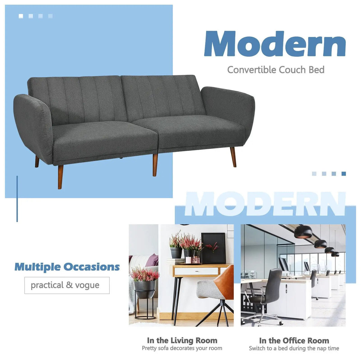 Convertible Futon Sofa Bed Adjustable Couch Sleeper with Wood Legs, photo 5 of 10