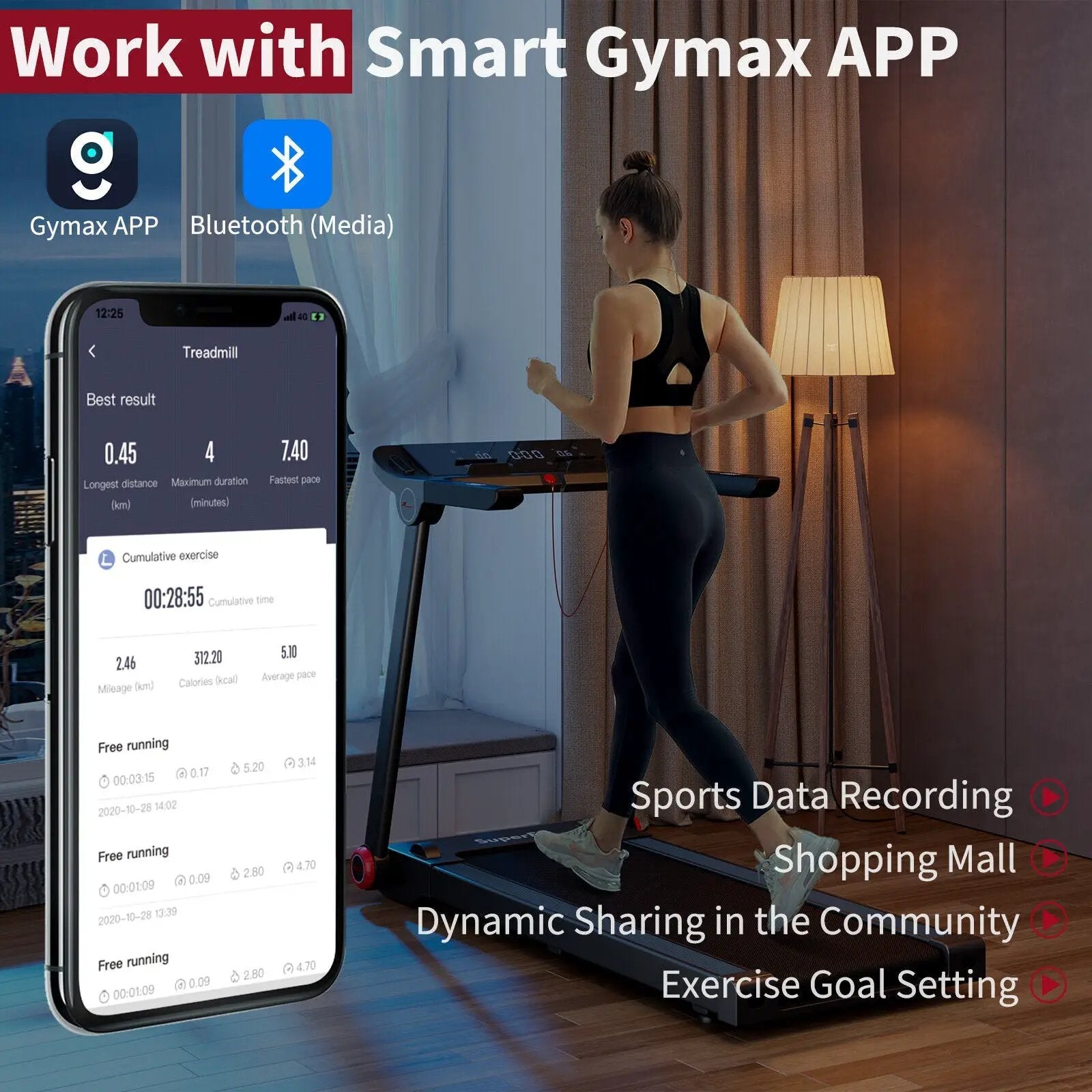 3.75HP Folding Treadmill with APP and 12 Preset Programs by DirectDeals