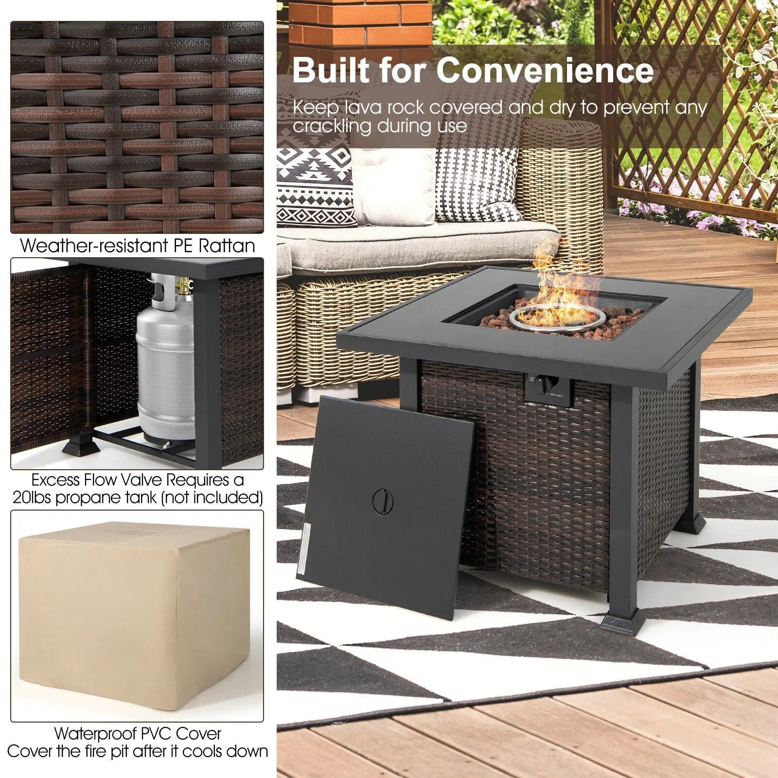 32 Inch Square Propane Fire Pit Table with Lava Rocks Cover by DirectDeals