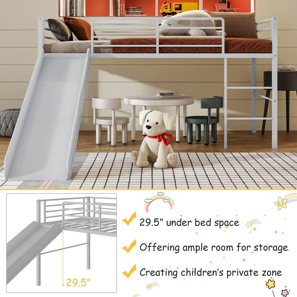 Twin Metal Loft Bed with Slide Safety Guardrails and Built-in Ladder, photo 6 of 10