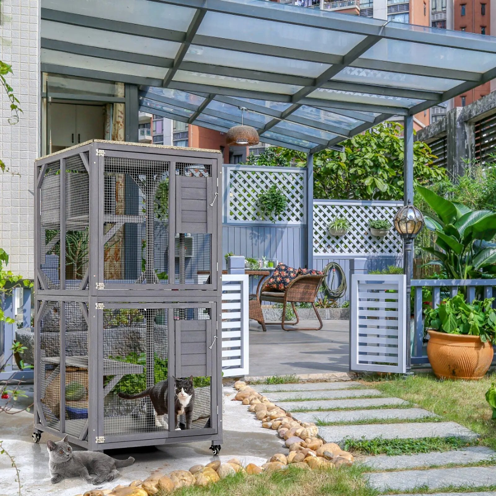 Outdoor Cat House Enclosures on Wheels Kitten Cages with Resting Box-Gray by DirectDeals