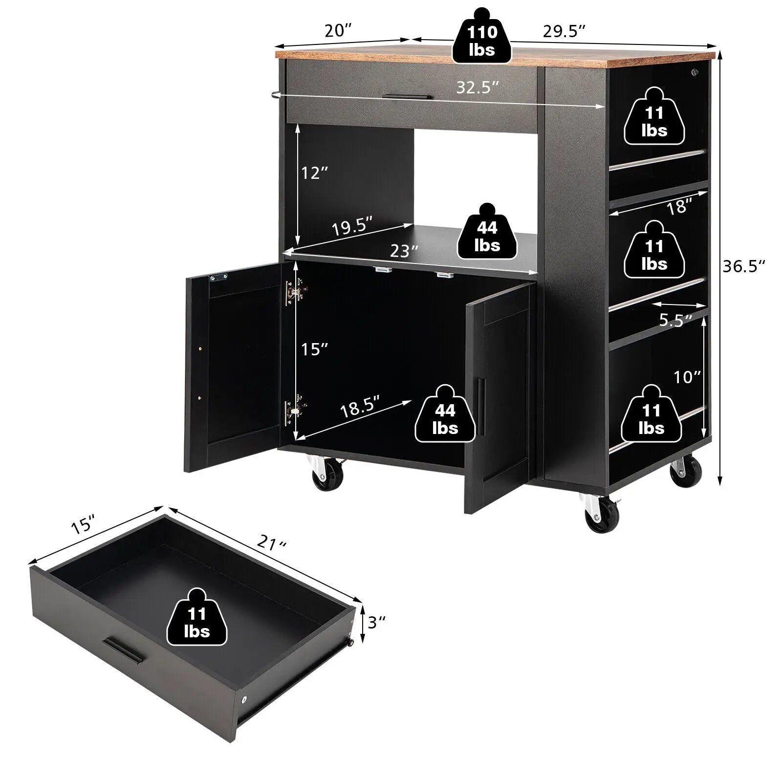 Rolling Kitchen Trolley with 3 Spice Racks Drawer and Open Shelf by DirectDeals