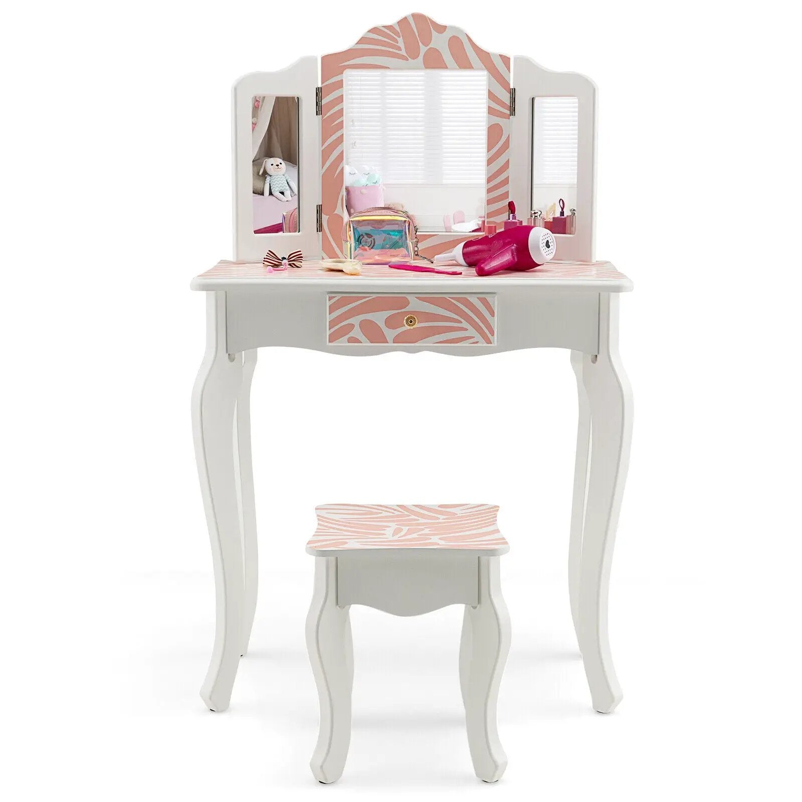 2-in-1 Kids Vanity Table Set with Tri-folding Mirror-Pink by DirectDeals