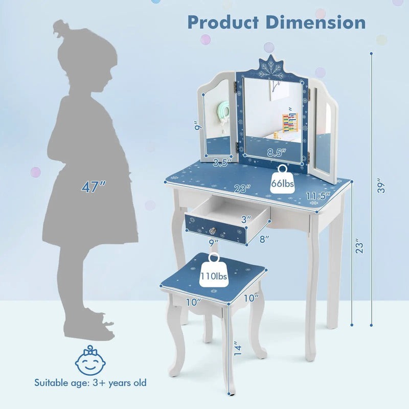 Princess Vanity Table and Chair Set with Tri-Folding Mirror and Snowflake Print-Blue by DirectDeals