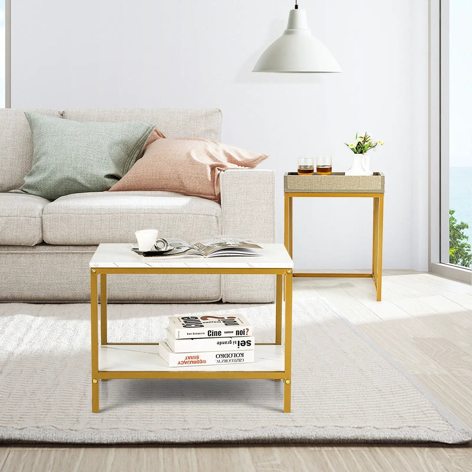 2 Pieces Nesting Coffee Table Set for Living Room-White by DirectDeals