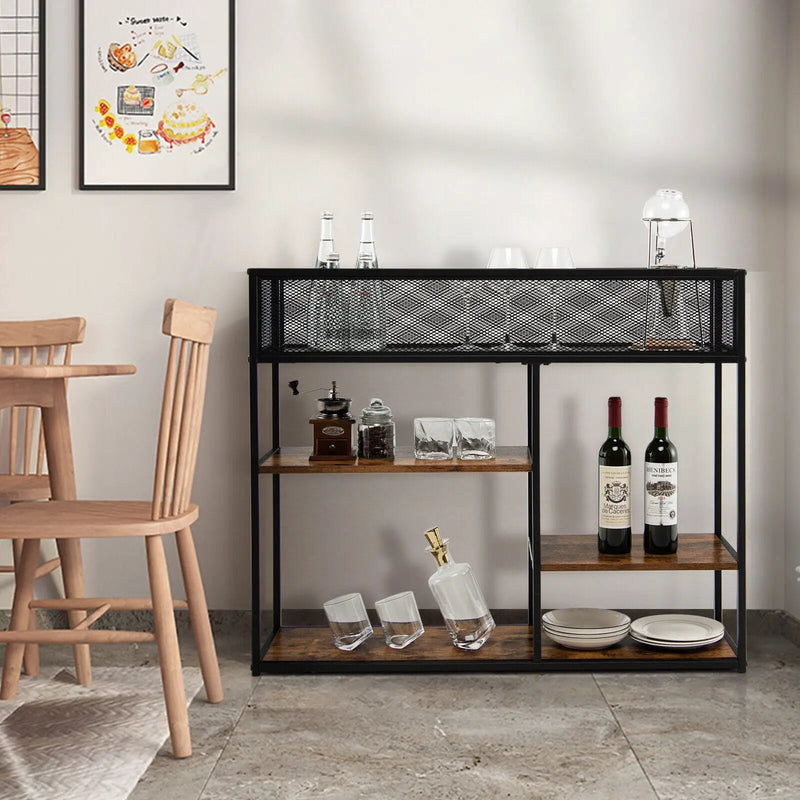 4-Tier Industrial Console Table with Wire Basket and shelf-Rustic Brown by DirectDeals