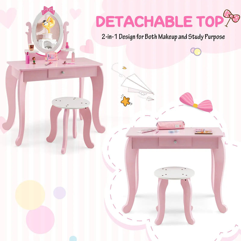 Kid Vanity Table Stool Set with Oval Rotatable Mirror-Pink by DirectDeals
