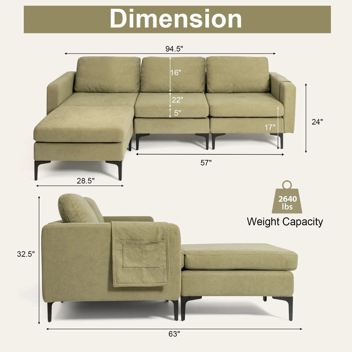 Modular 3-Seat L-shaped Sectional Sofa with Reversible Chaise and 2 USB Ports-Green, photo 8 of 12
